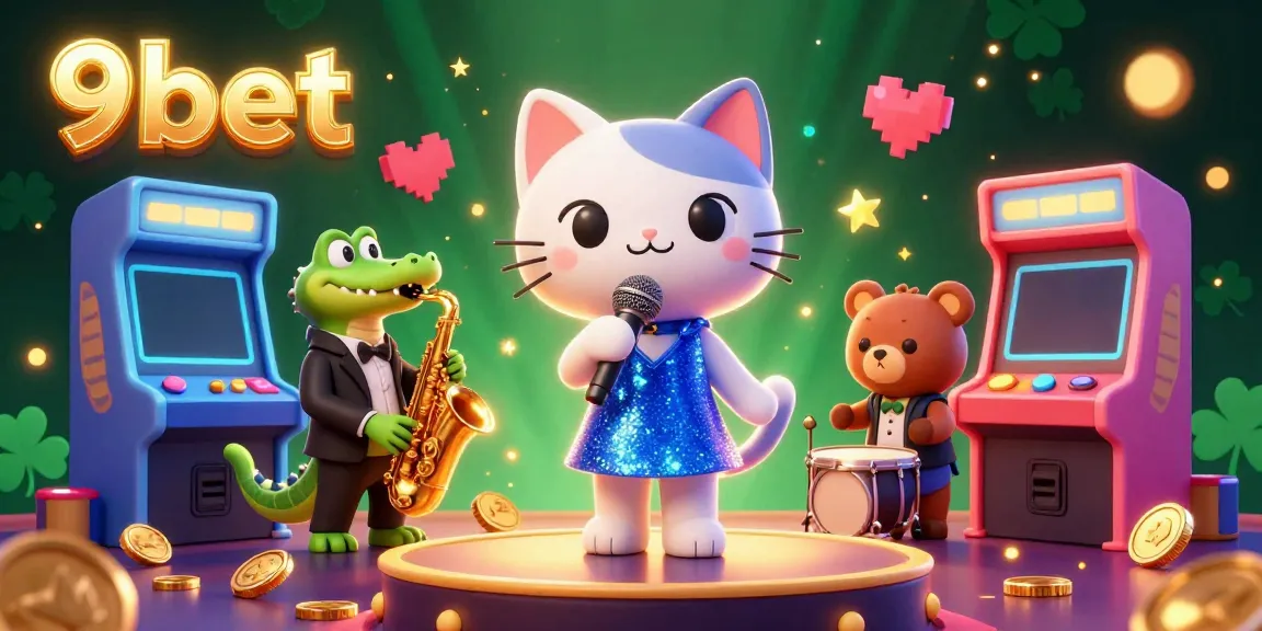 Step into the world of 9bet with this vibrant 3D scene showcasing a jazzy cat, a crocodile, and a bear cub, immersed in a dynamic casino atmosphere.