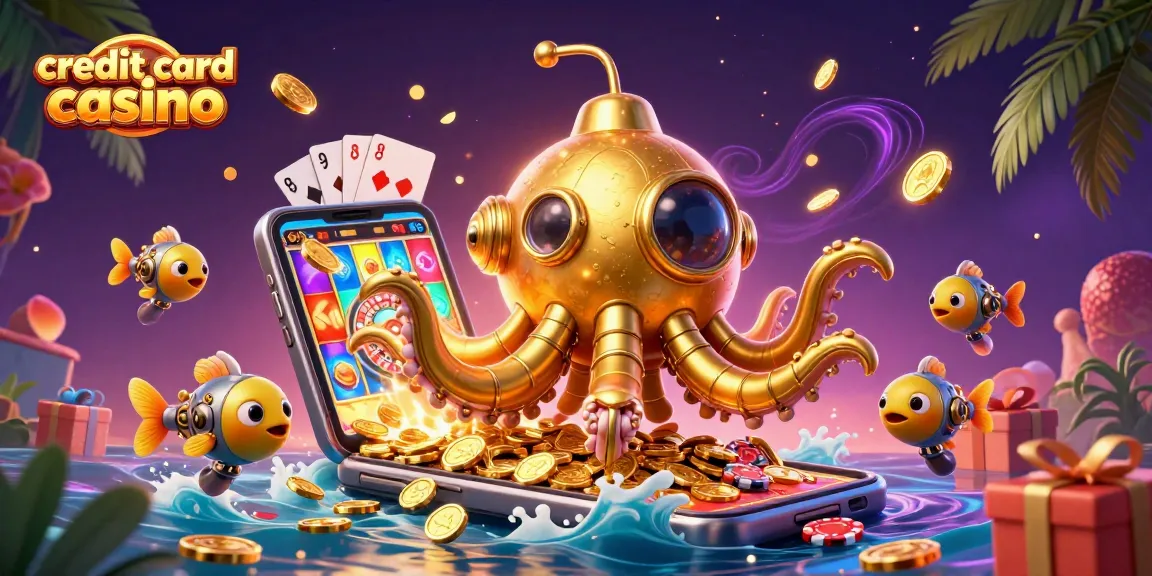 Experience the thrill of the credit card casino with lively characters, gaming elements, and golden coins.