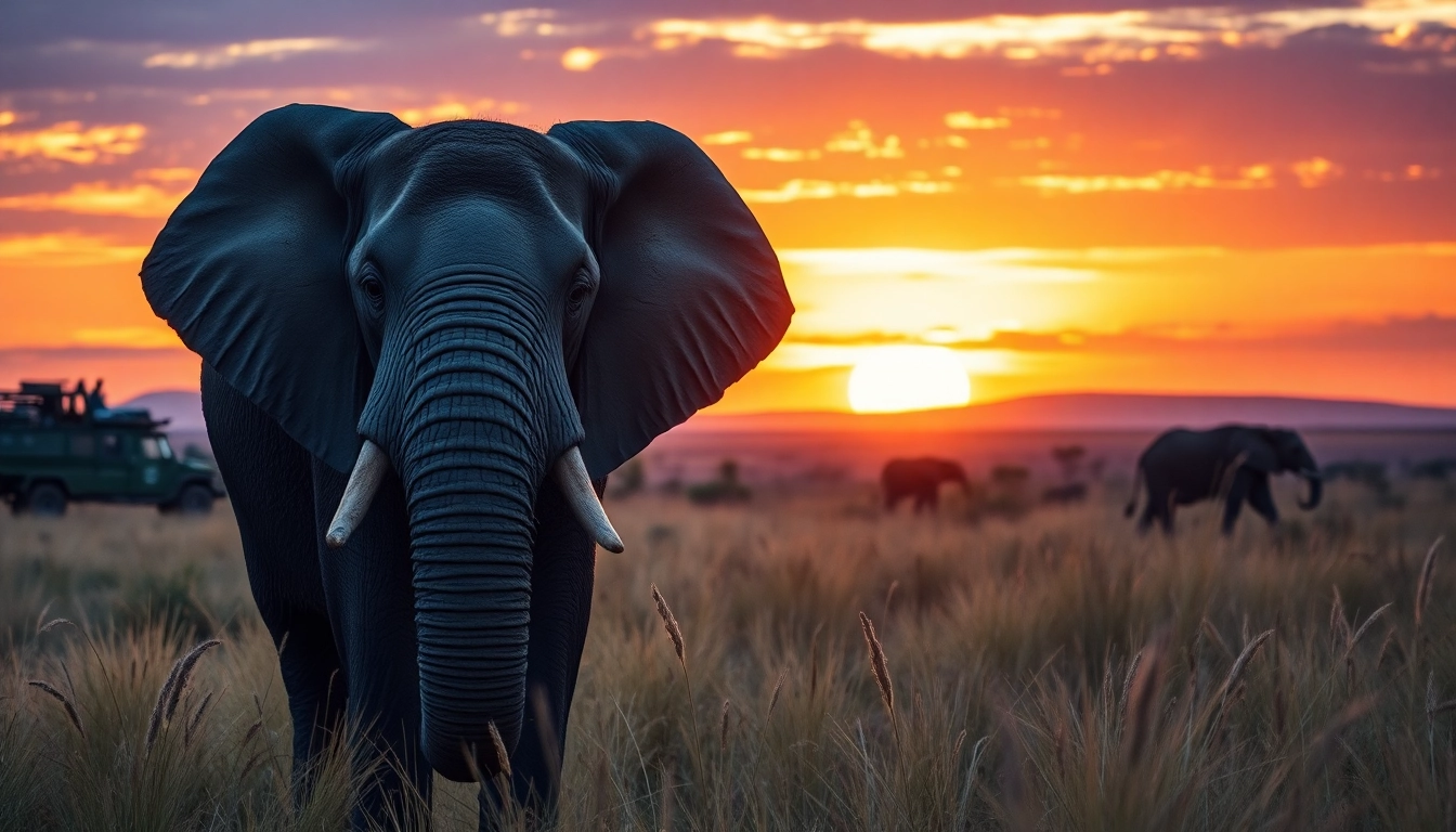 Tanzania safaris showcase an elephant in the savannah against a stunning sunset backdrop.