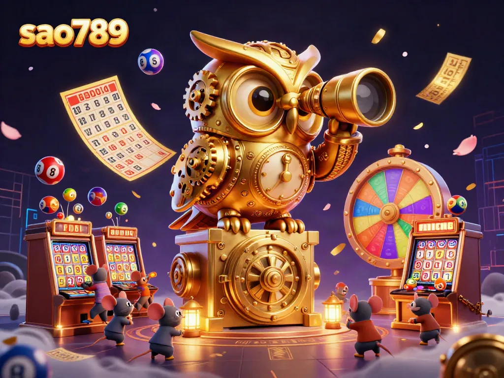 Sao789's vibrant casino scene with a golden owl and lucky lottery balls creates an engaging atmosphere.
