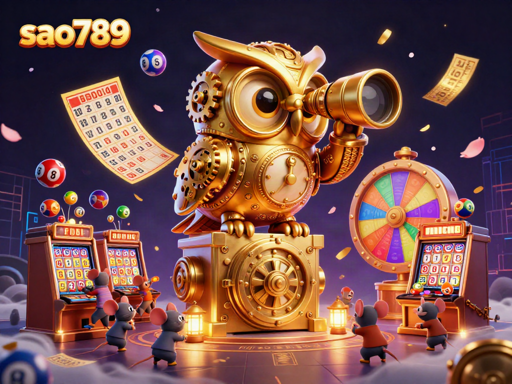 Sao789's vibrant casino scene with a golden owl and lucky lottery balls creates an engaging atmosphere.