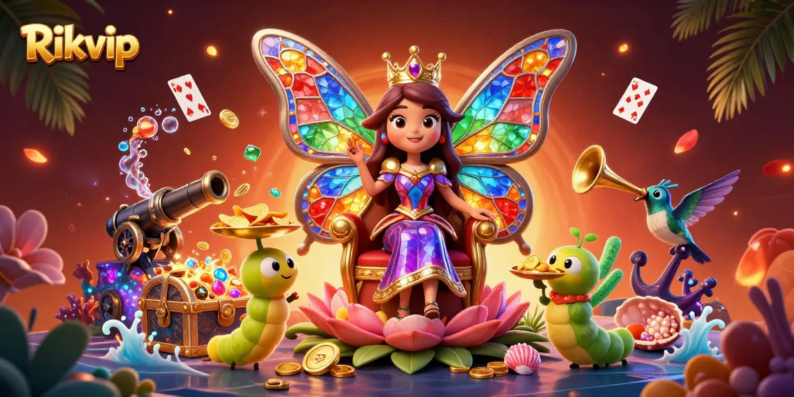 Experience the vibrant action of Rikvip’s casino magic with a colorful butterfly queen and dynamic game elements.