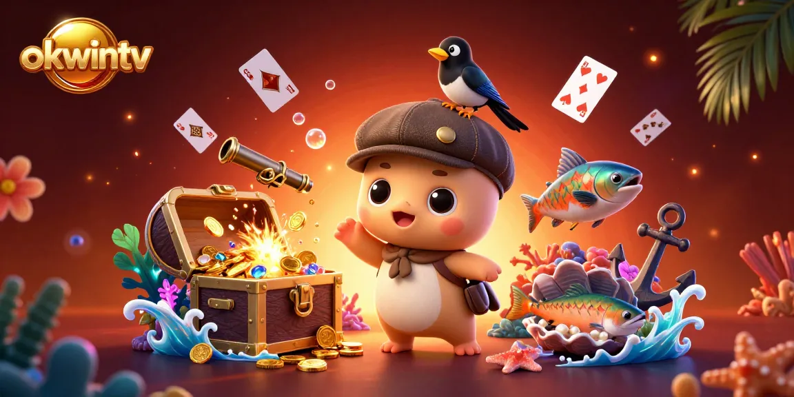 Experience the excitement of okwintv with a vibrant 3D illustration showcasing dynamic gambling elements and lively characters.