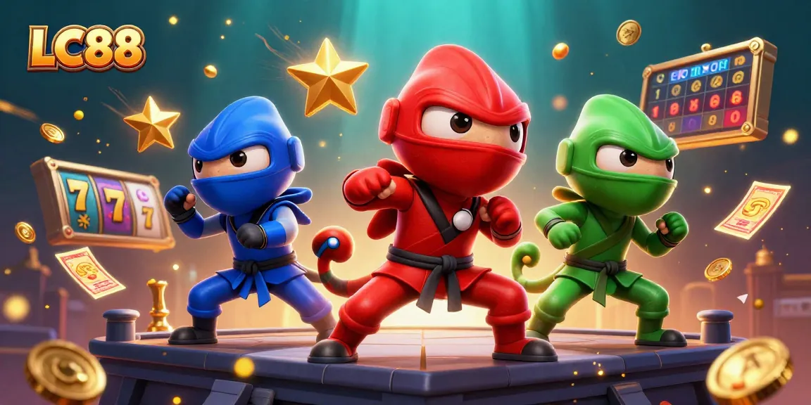 Engage in thrilling slot battles with LC88's vibrant chameleon ninjas showcasing their moves amidst sparkling casino elements.