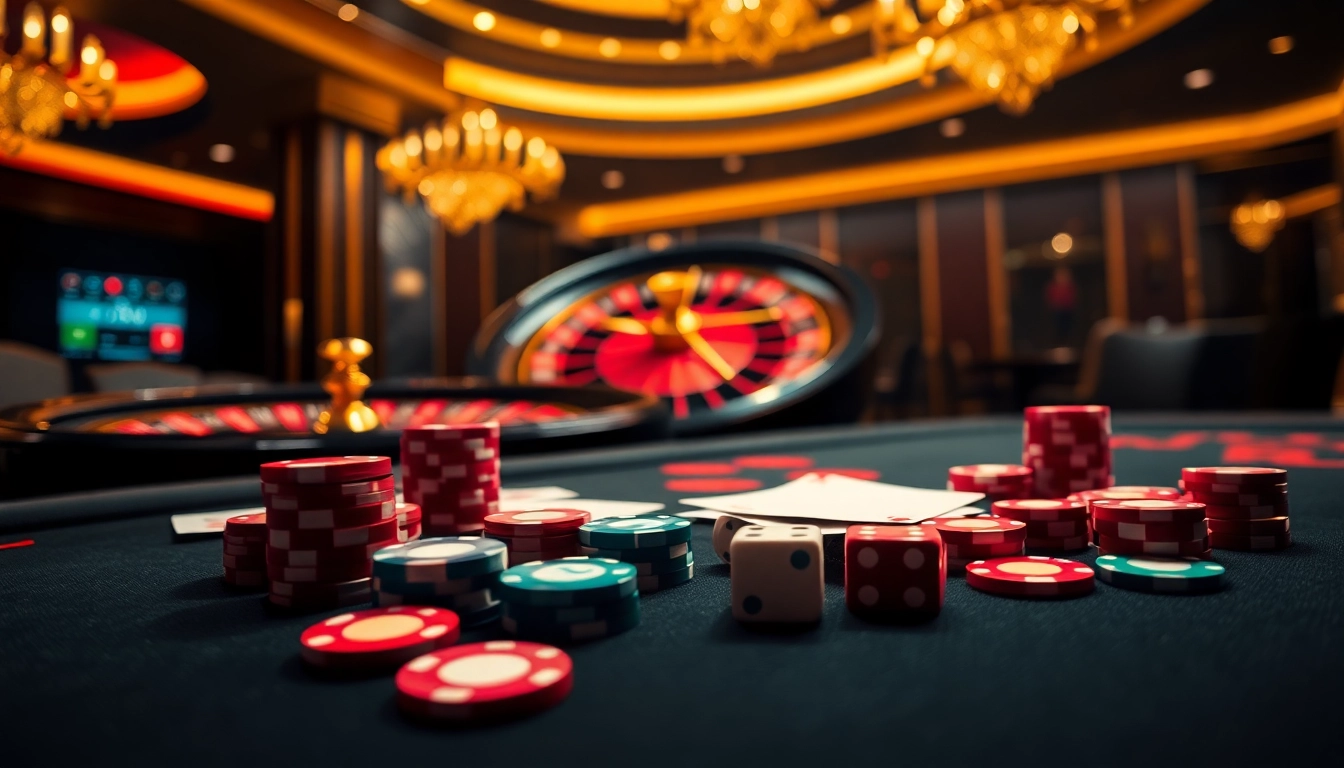 Experience the thrill of go8 gambling with vibrant poker chips, illuminated dice, and a spinning roulette wheel.