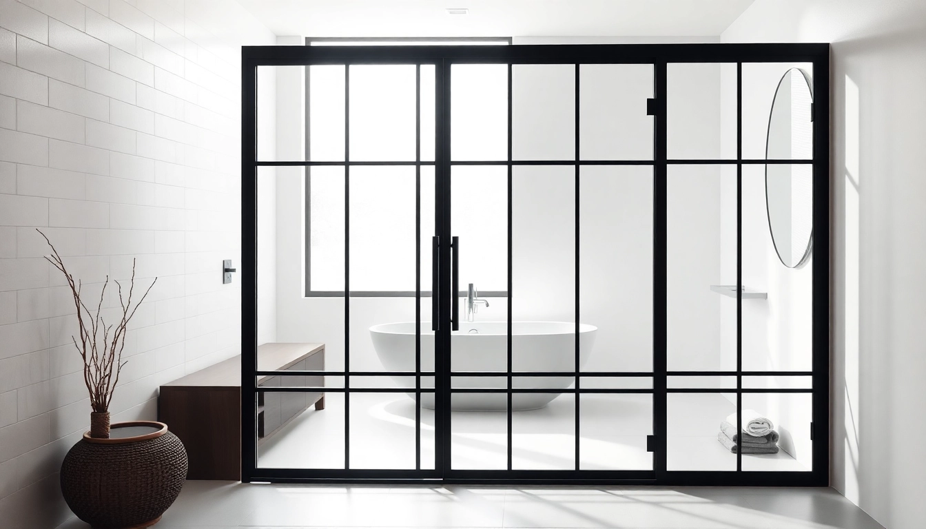 Showcasing elegant black frame shower doors, this stylish bathroom features a modern design.