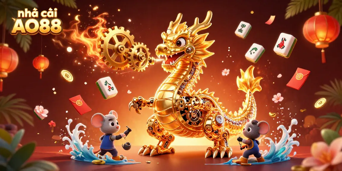 Engage with Nhà cái AO88's vibrant 3D casino illustration featuring dynamic golden dragon and festive symbols.