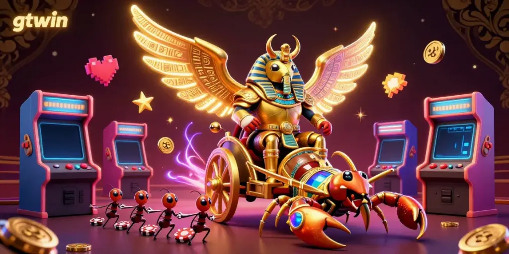 Experience the dazzling entertainment realm of gtwin with vibrant 3D illustrations of games and characters.