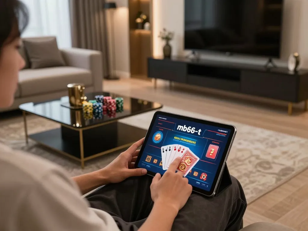 Engaging in online casino gameplay via mb66-t on a stylish tablet in a cozy living room setting