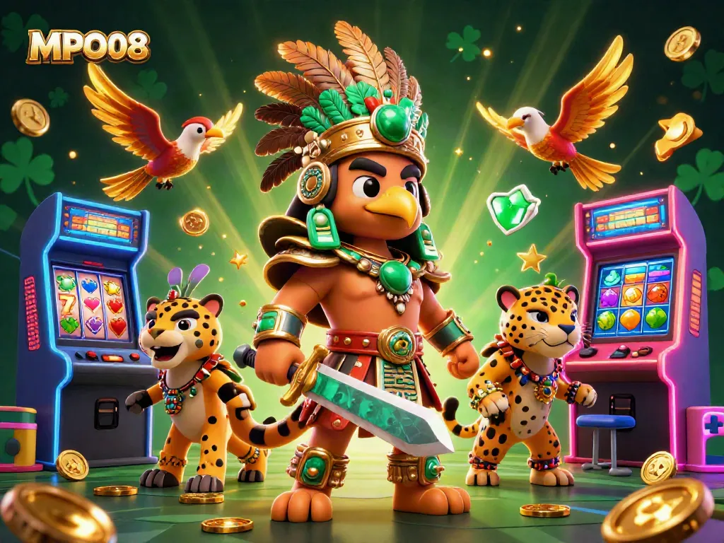 MPO08 showcases a vibrant Aztec-themed scene with iconic slots and gaming elements for excitement.
