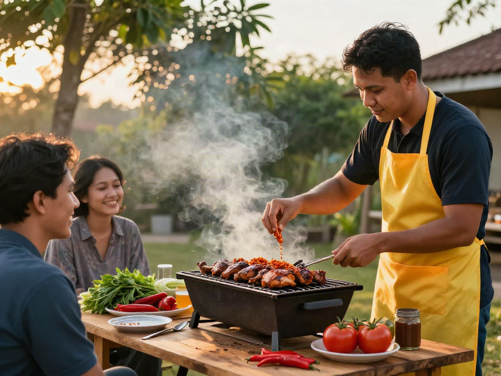 Ayam bakar grilling by expert chef outdoors with rokok88 sambal rawit, vibrant ingredients surround.