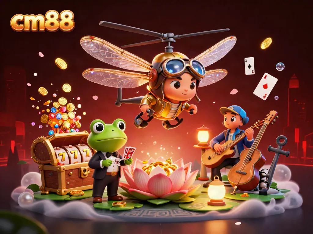 Experience the vibrant cm88 casino world with a dragonfly pilot and frog croupier in a rich 3D scene.