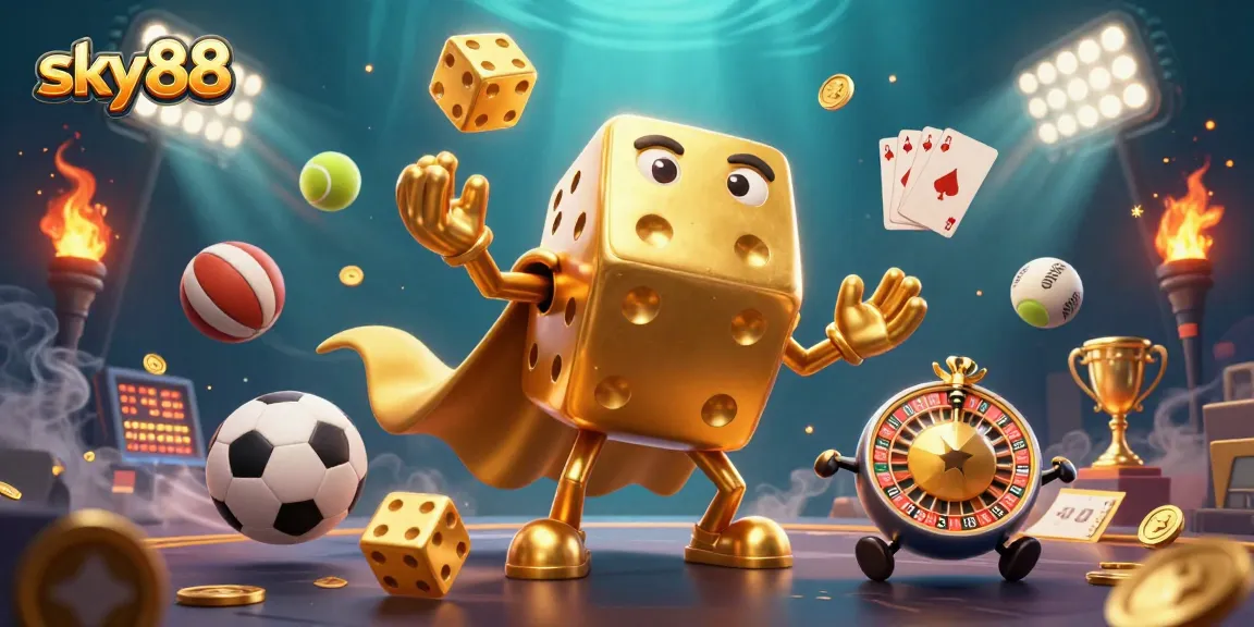 sky88 showcases an energetic golden dice golem rolling smaller dice amongst dynamic sports elements.