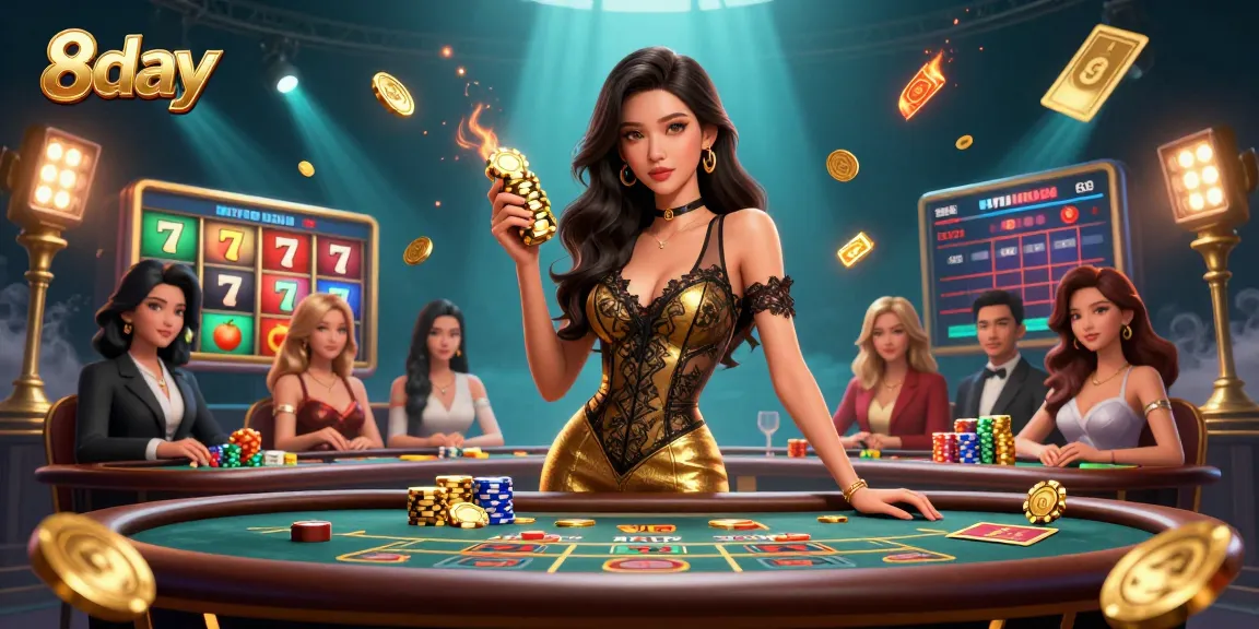 Experience high-stakes gaming at 8day with a glamorous baccarat atmosphere and golden casino elements.
