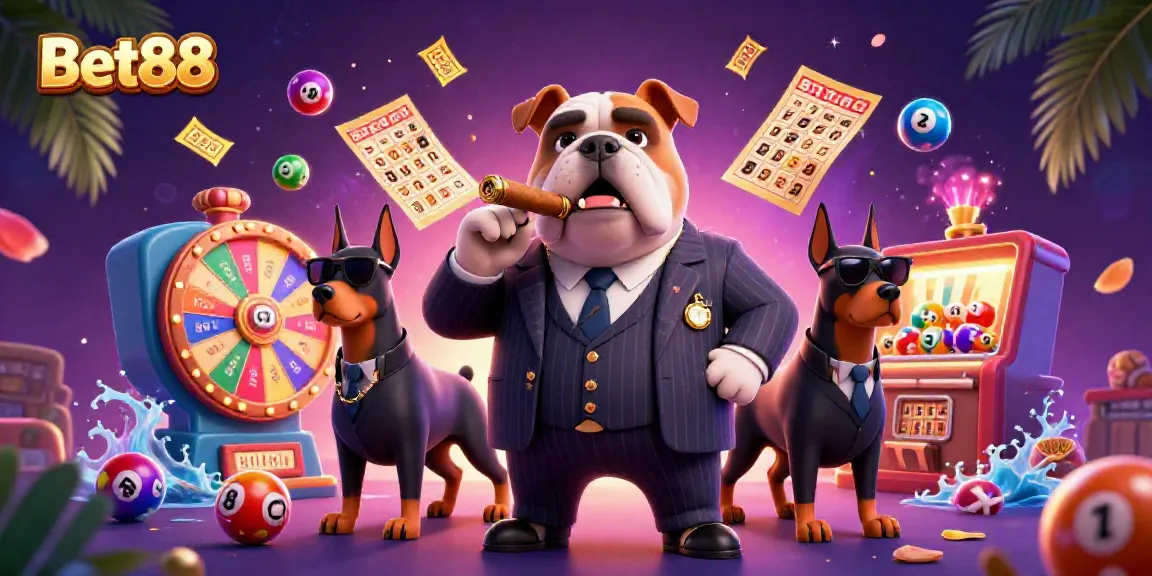 Engaging Bet88 casino scene featuring a mafia bulldog and Doberman bodyguards amidst festive lottery elements.