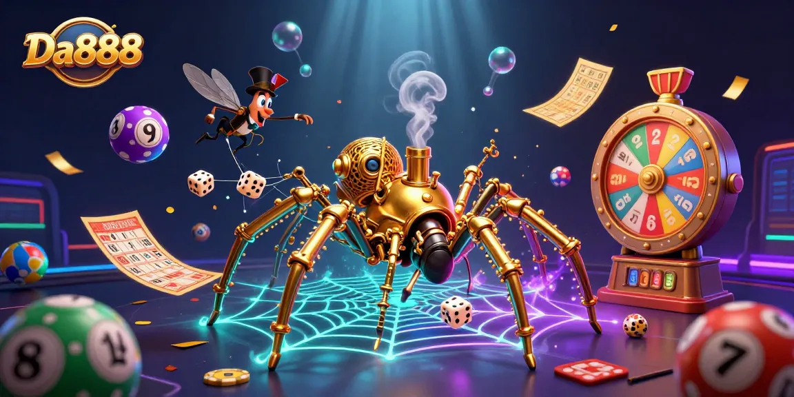 Engage with Da888 through a vibrant 3D illustration of a steampunk spider and its golden web.