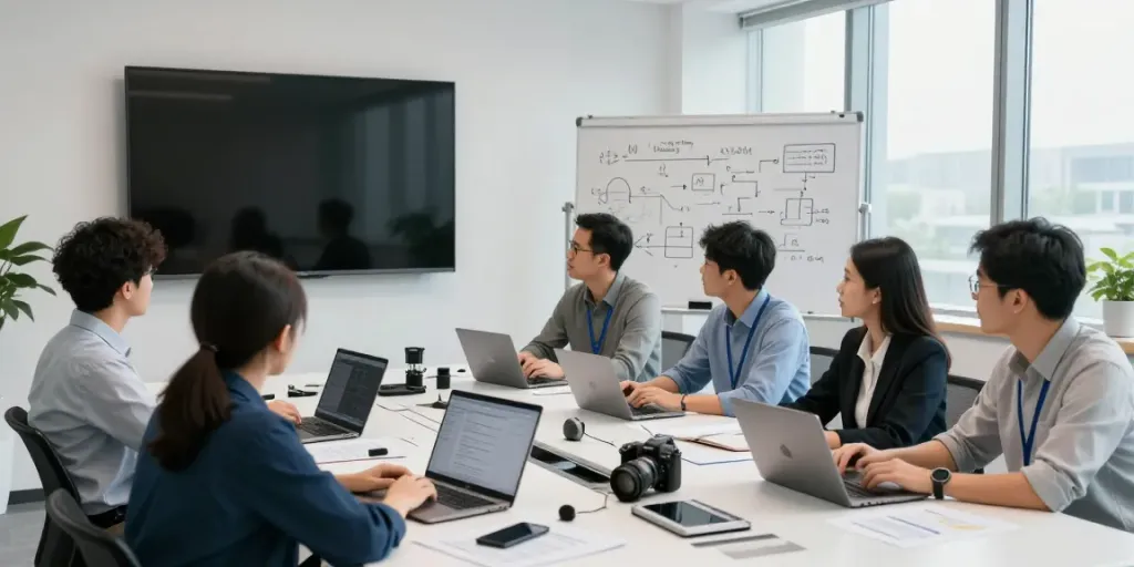Team collaborating on Enterprise AI solutions in a modern office.