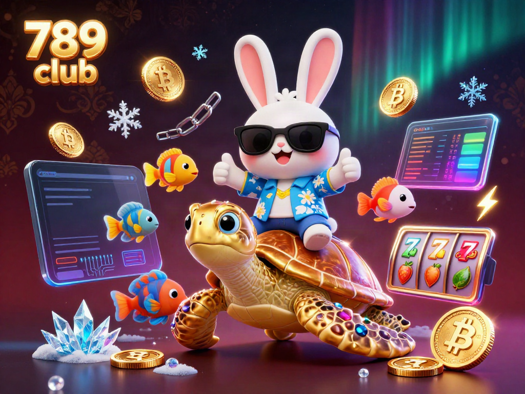 Play exciting games at 789 club with a cheerful 3D rabbit and sea turtle illustration.