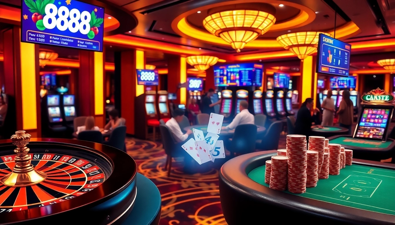 Experience thrilling gambling action on 8k8 with players enjoying card games and slot machines in a luxurious casino environment.