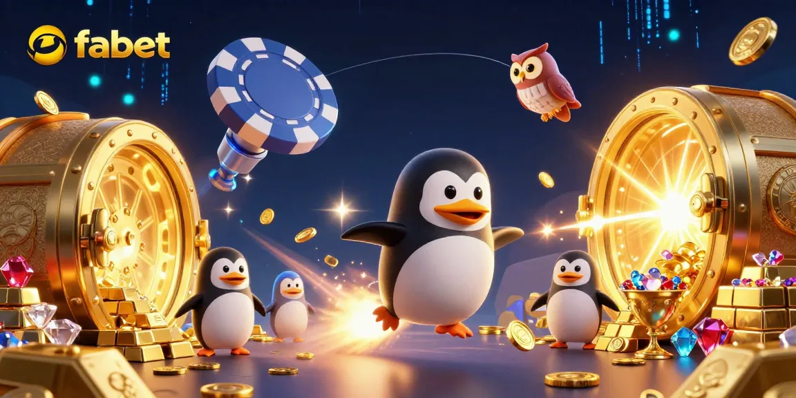 Experience fabet's thrilling casino adventure as a golden penguin soars towards a poker chip space station.