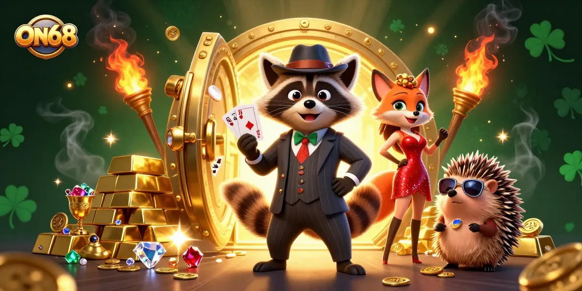 Experience the thrill of winning at ON68 with a raccoon in a royal flush hand and extravagant gambling elements.