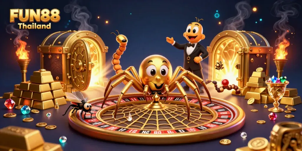 Exciting FUN88 Thailand elements mixed with a captivating casino scene featuring a spider as a croupier.