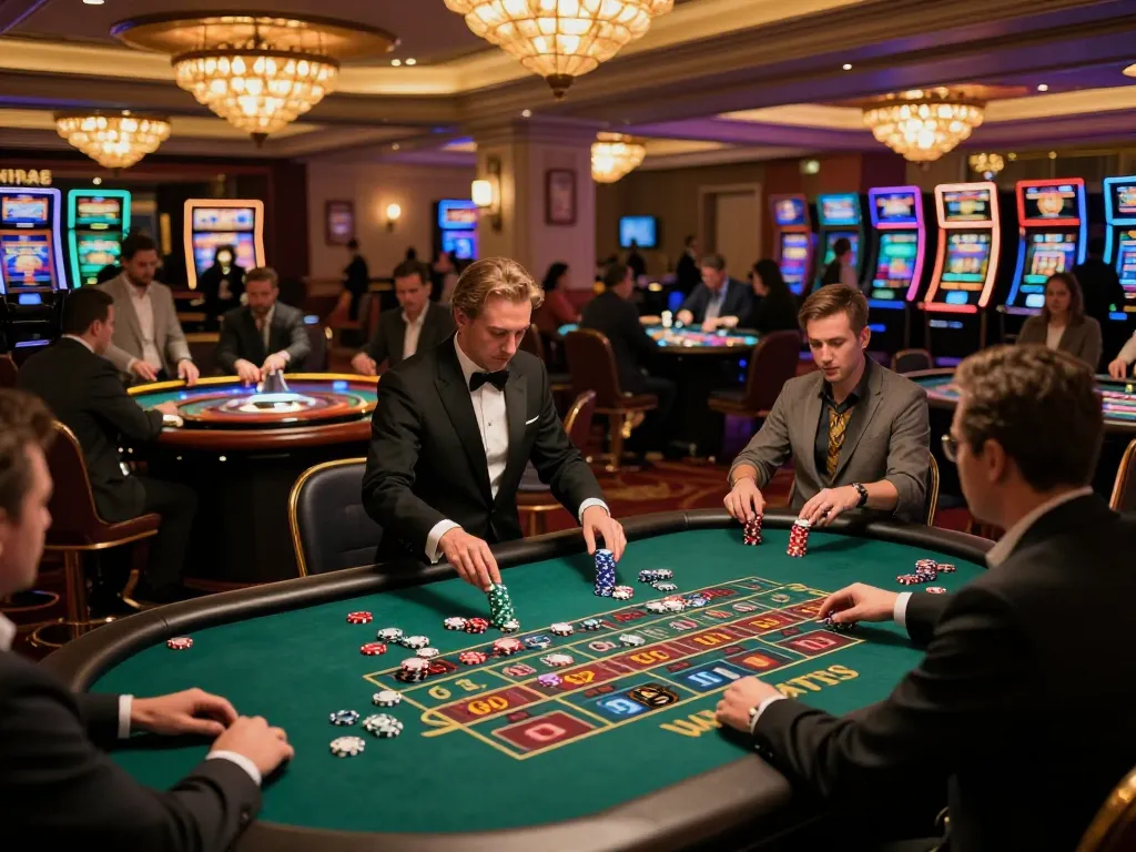 CM88 players thrill as bets are placed on vibrant roulette tables in a bustling casino