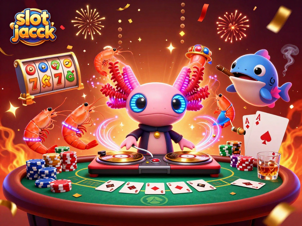 Experience the thrill of a slot jackpot with a vibrant 3D illustration of an axolotl DJ and friends.