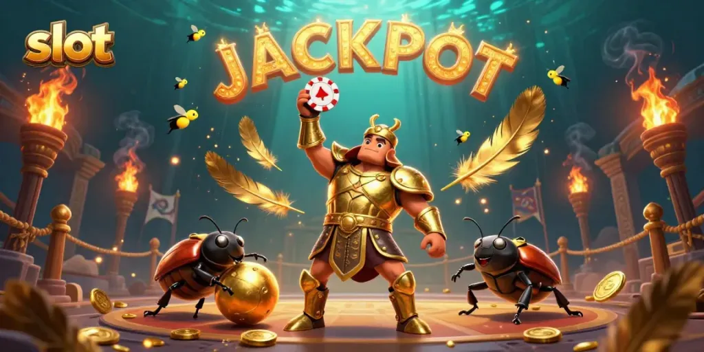 Experience an exciting slot adventure as a herculean beetle celebrates a jackpot in a vibrant casino scene.