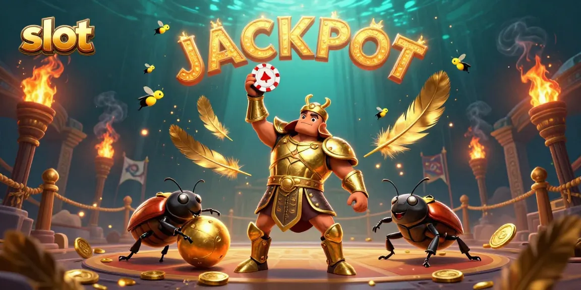 Experience an exciting slot adventure as a herculean beetle celebrates a jackpot in a vibrant casino scene.