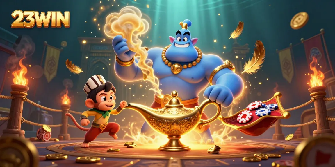 Experience thrilling gaming action at 23WIN with a dynamic illustrated scene of a genie, monkey, and magic carpet.