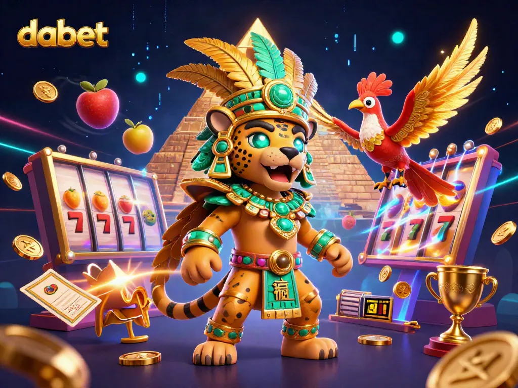 Dabet engaging with exciting slot reels and golden trophies along with Mayan characters in a casino scene.