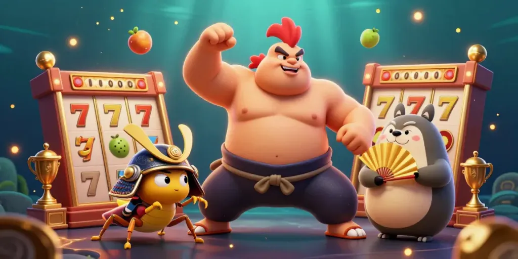 MPO08 showcases an intense sumo wrestler rooster and samurai cricket battling in a lively casino scene filled with slot elements.