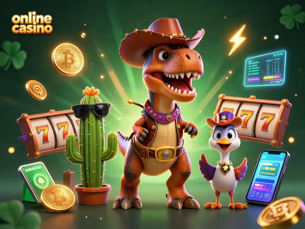 Gana jugando en el casino en línea con tiradas de tragamonedas y un dinámico T-Rex vaquero.
