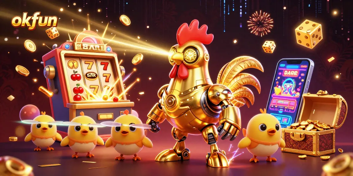 Spin and win at okfun with vibrant, engaging 3D casino-themed illustration, featuring exciting game elements.