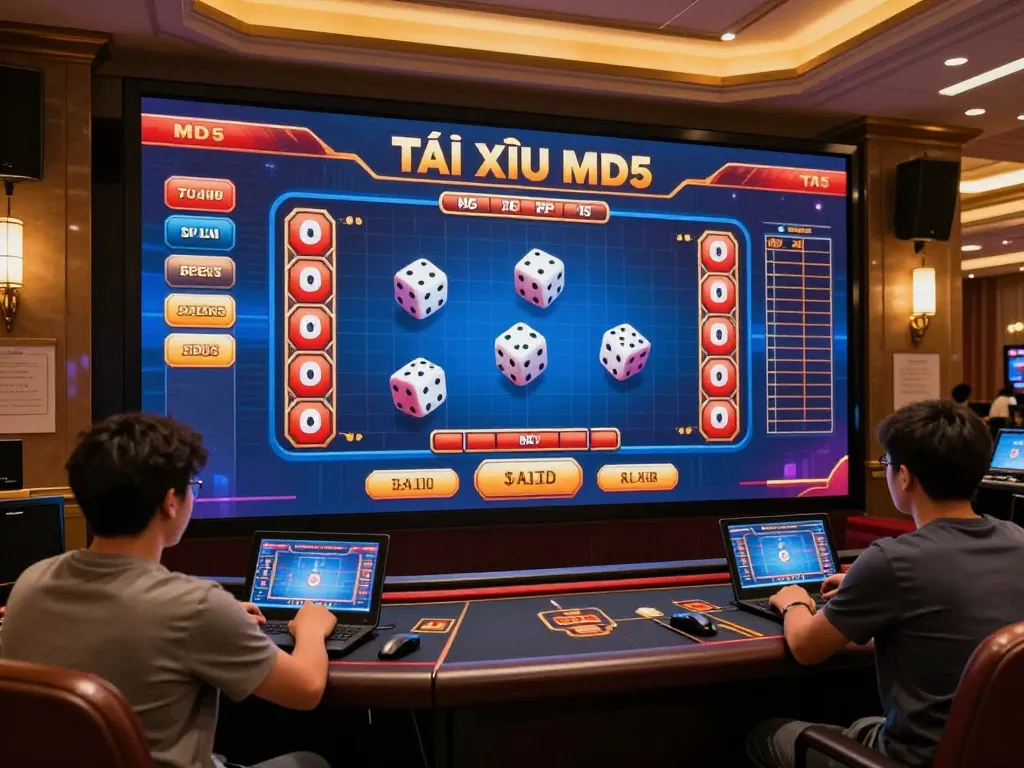 Players engage with the dynamic Tài Xỉu MD5 game on their devices, showcasing online gambling excitement.