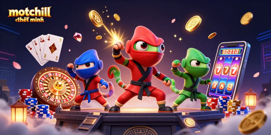 Exciting scene depicting motchill thuyết minh with ninja chameleons in vibrant outfits amidst casino elements.