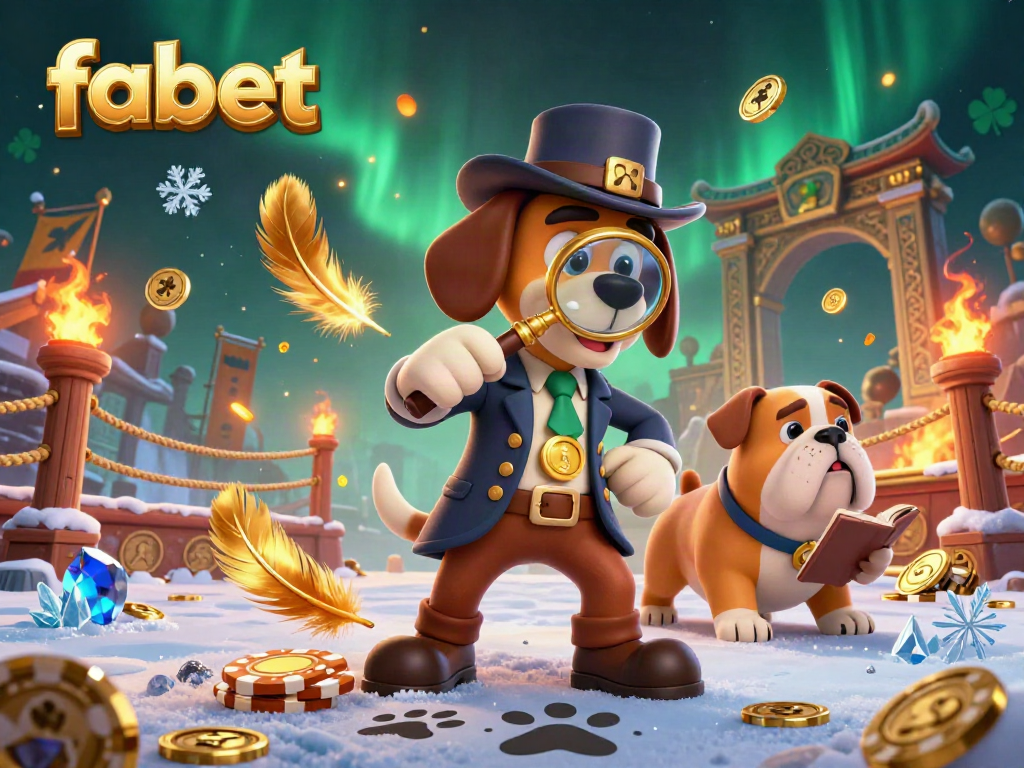 Examine golden poker chip clues with fabet's 3D cartoon detective scene full of vibrant gambling elements.