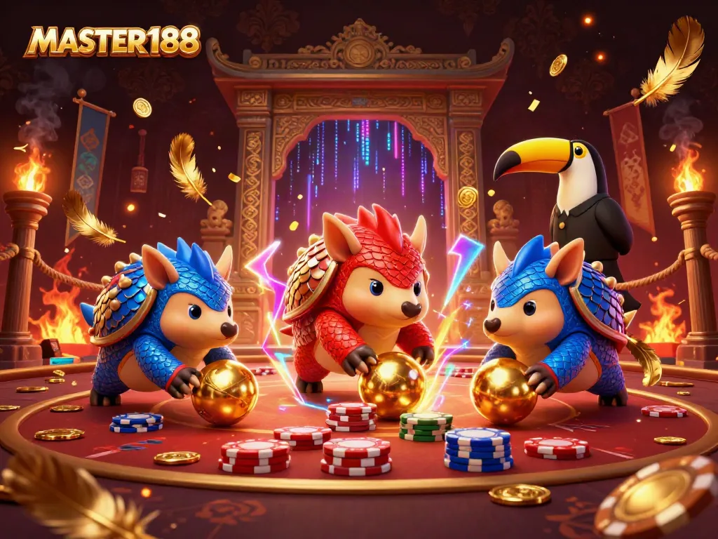 Experience thrilling gameplay with MASTER188 featuring rival pangolins bowling through poker chips in celebration.