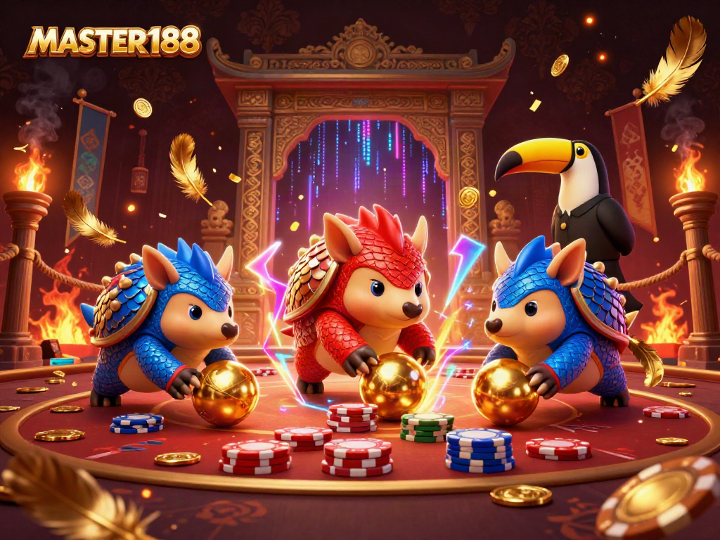 Experience thrilling gameplay with MASTER188 featuring rival pangolins bowling through poker chips in celebration.