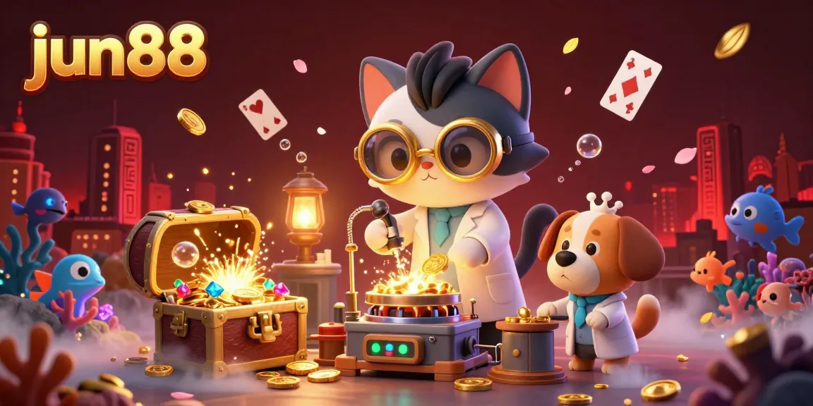 Engage in exciting gameplay at jun88 with a vibrant 3D casino illustration featuring treasure chests and gold coins.