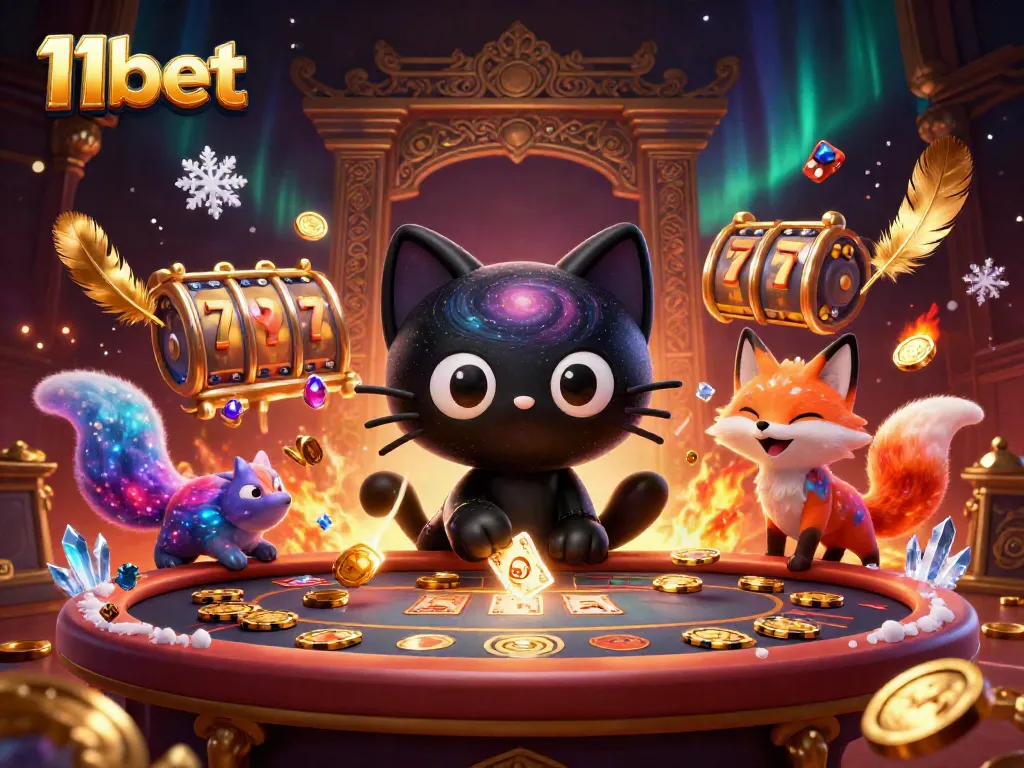Experience the excitement of 11bet with a cosmic casino scene featuring a black hole cat and vibrant fox.