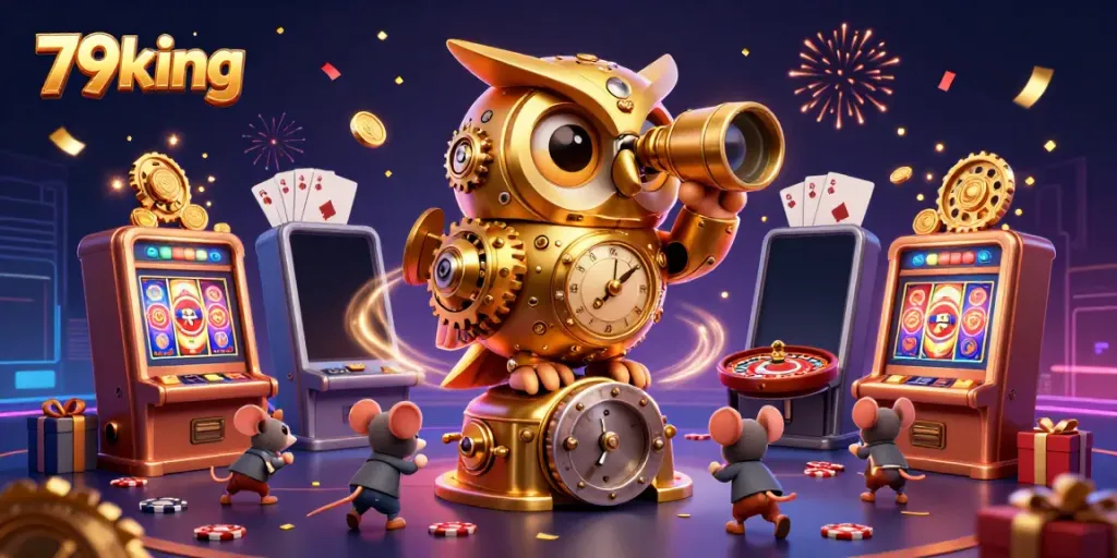Experience excitement at 79king with a vibrant 3D casino scene featuring a golden owl and lively slot games.