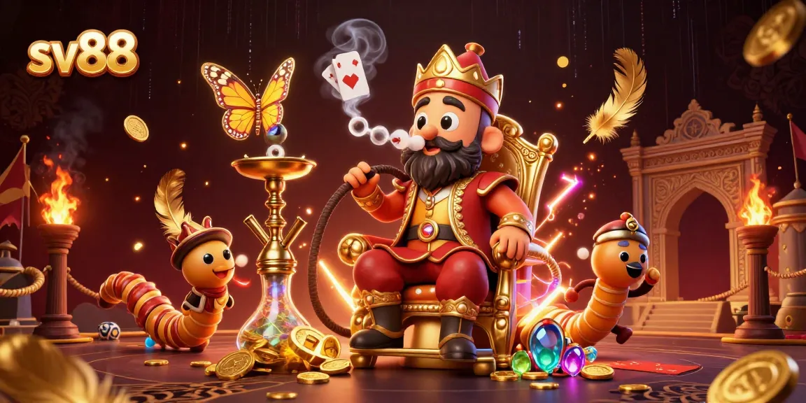 sv88 showcases a vibrant casino world with a caterpillar hookah-master and golden tokens.