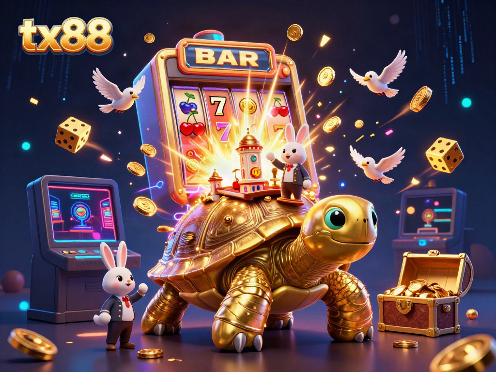 Experience exhilarating gameplay at tx88 amidst golden coins, slot machines, and vibrant characters in a thrilling casino scene.