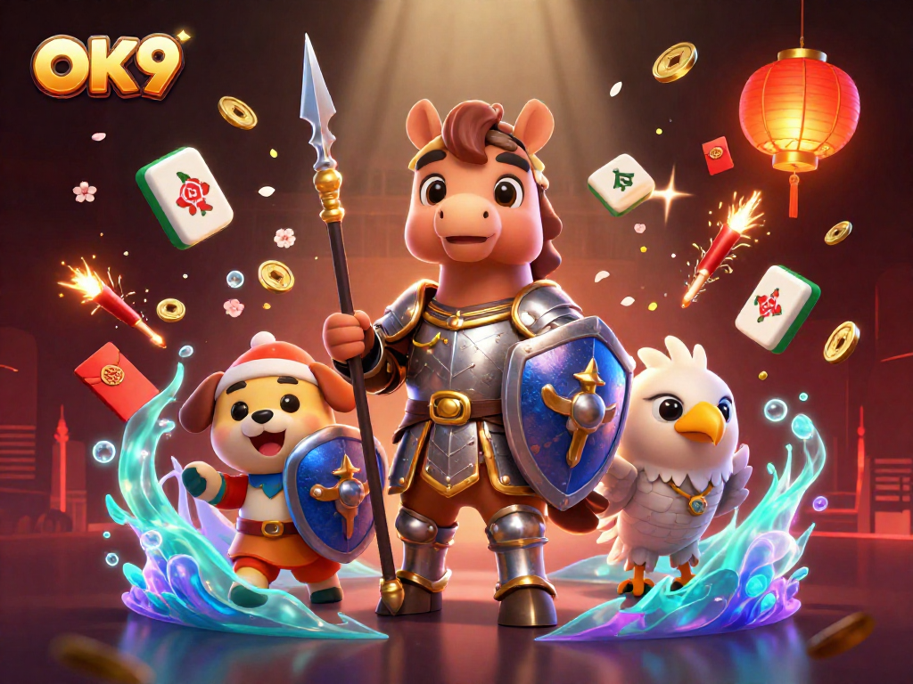Play exciting games at OK9 featuring a knight and a puppy amidst vibrant casino symbols.