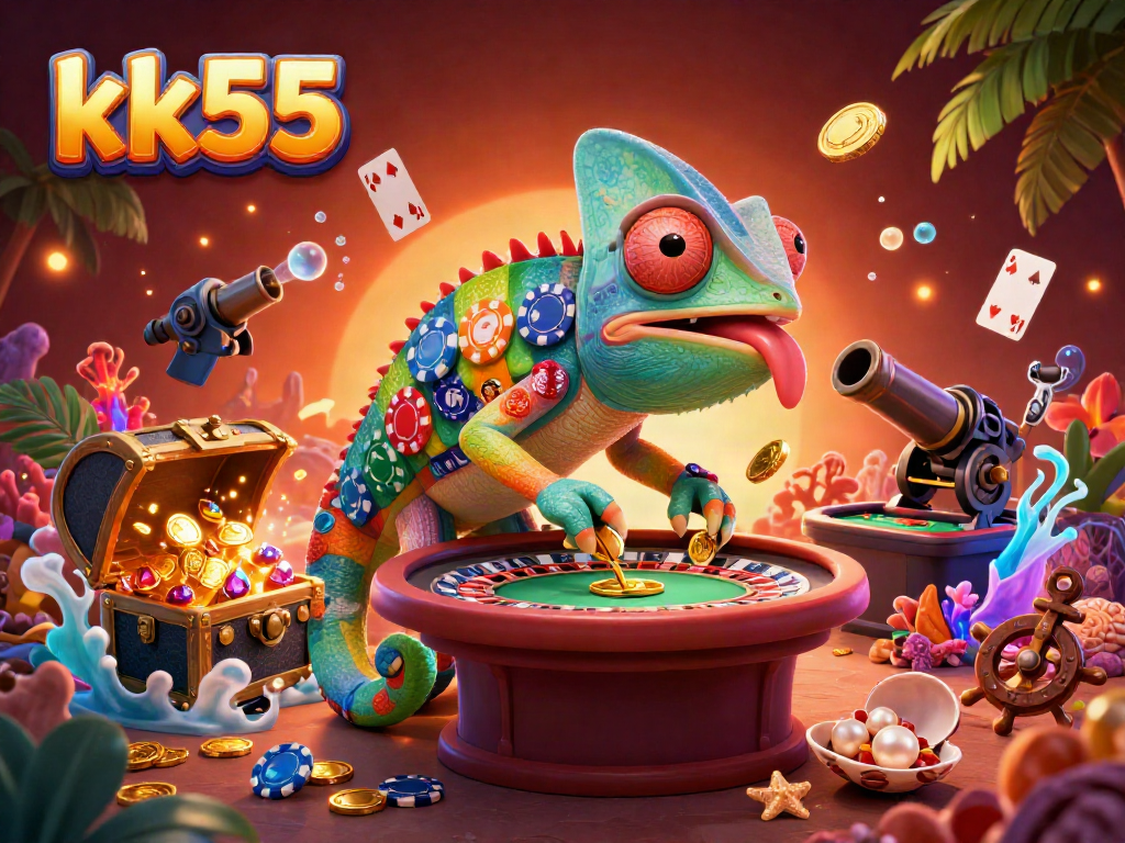 Engage in thrilling games at kk55 with a colorful casino scene featuring a chameleon owner and dynamic game elements.