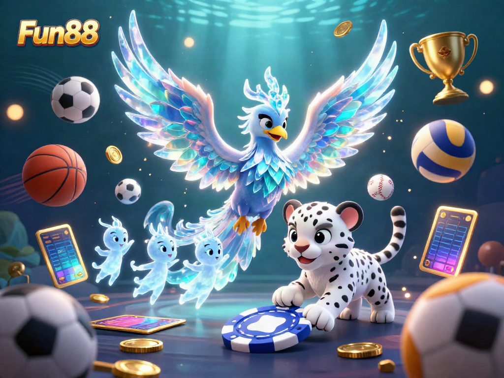 Experience gaming excitement with Fun88's illustrated scene of an ice phoenix and gaming elements.