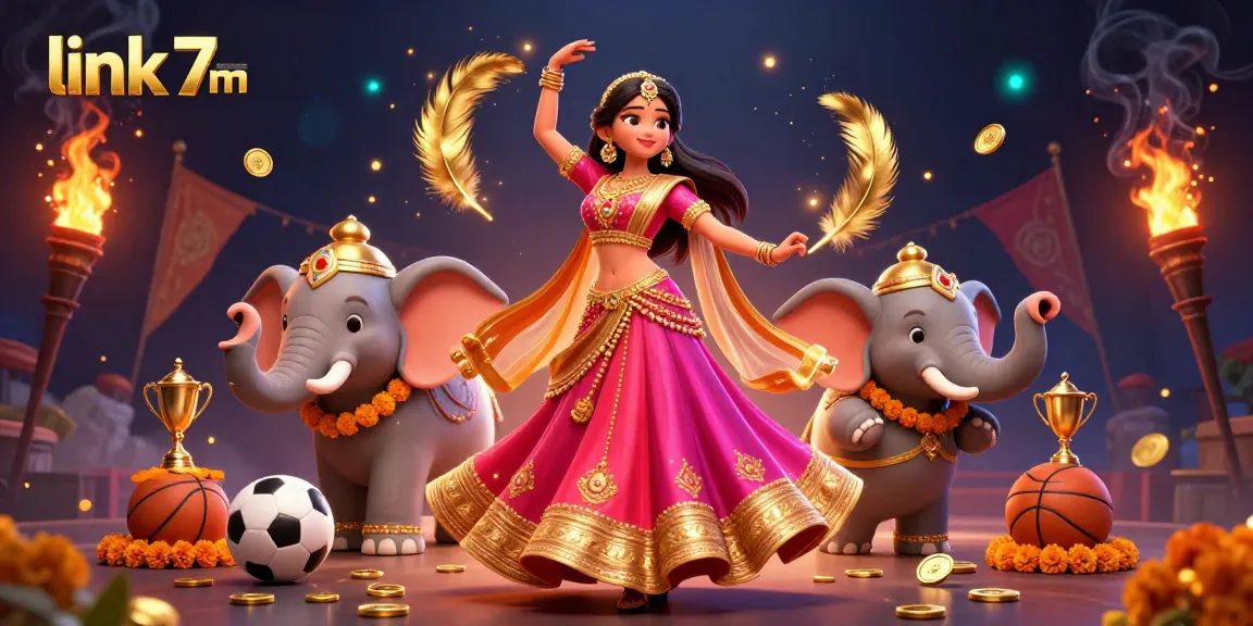 This dynamic scene showcasing link 7m features sports elements, a vibrant Asian woman, and a bejeweled elephant, creating an engaging betting atmosphere.