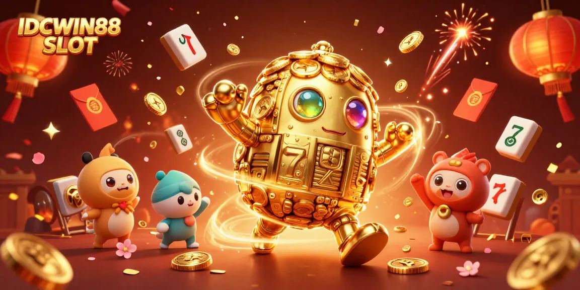 Experience thrilling wins with IDCWIN88 SLOT featuring a golden golem and dynamic gaming elements in a vibrant illustration.
